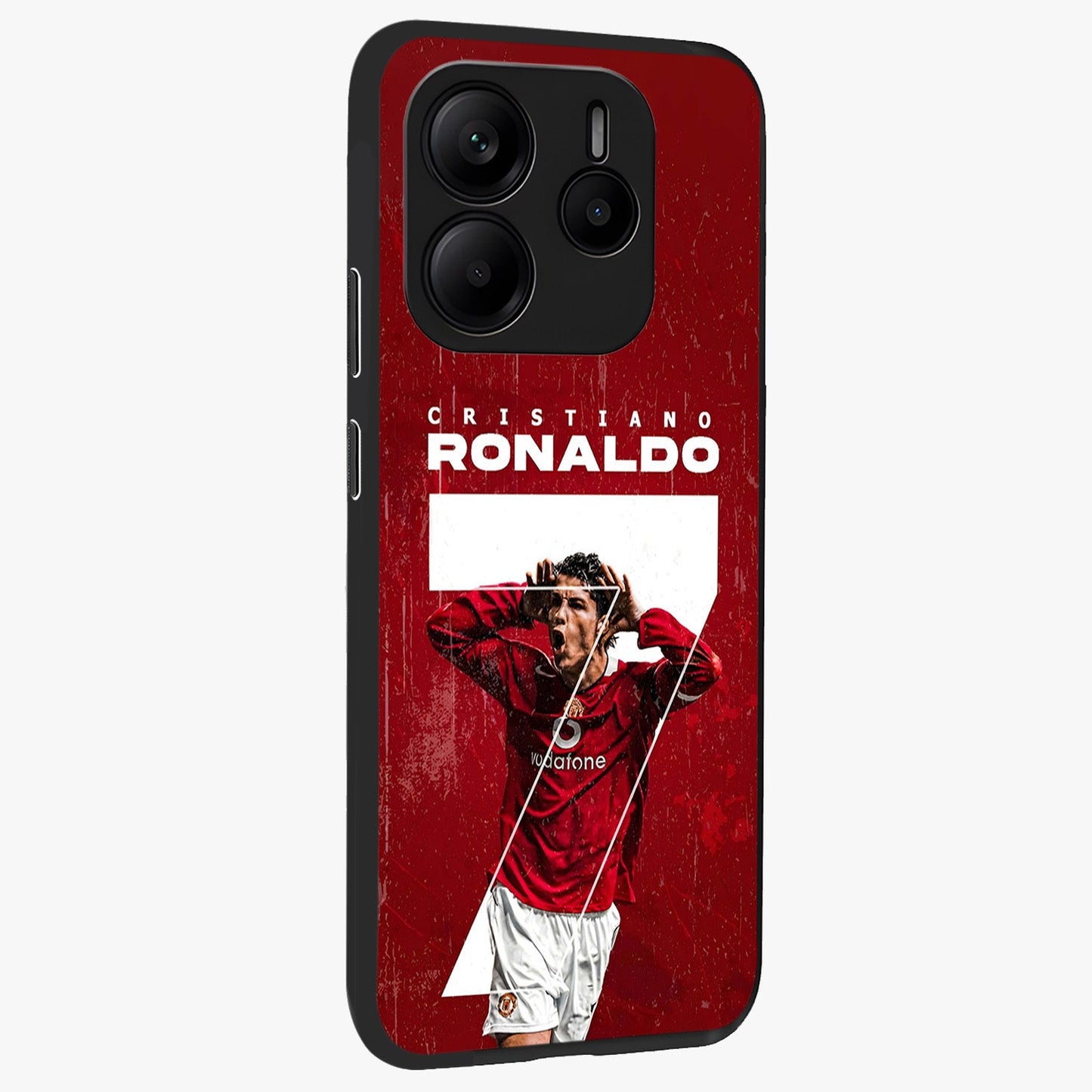 Goal Celebration Legacy Glass Case upright view showcasing dynamic football inspired artwork with victory celebration aesthetic.