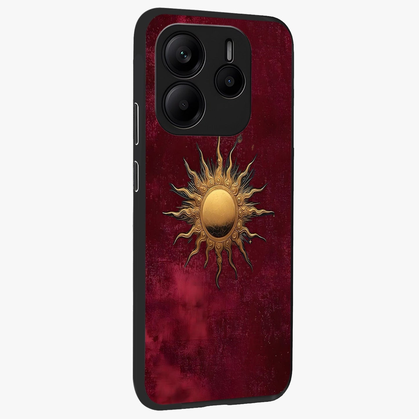 Golden Sun Minimalism Glass Case upright view showcasing simple golden sun artwork with elegant minimalist style.
