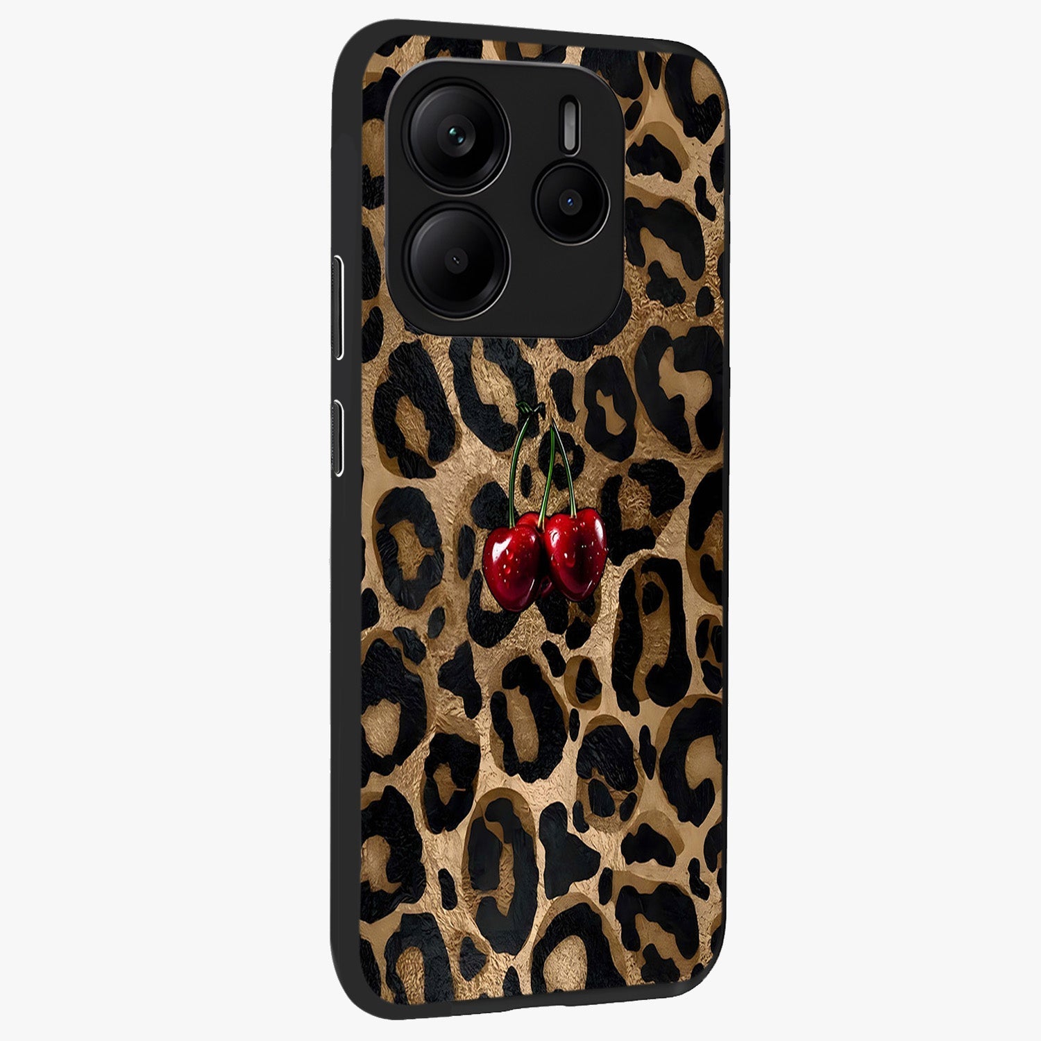 Leopard Wild Cherry Glass Case upright view showcasing stylish leopard pattern artwork with trendy fashion theme.