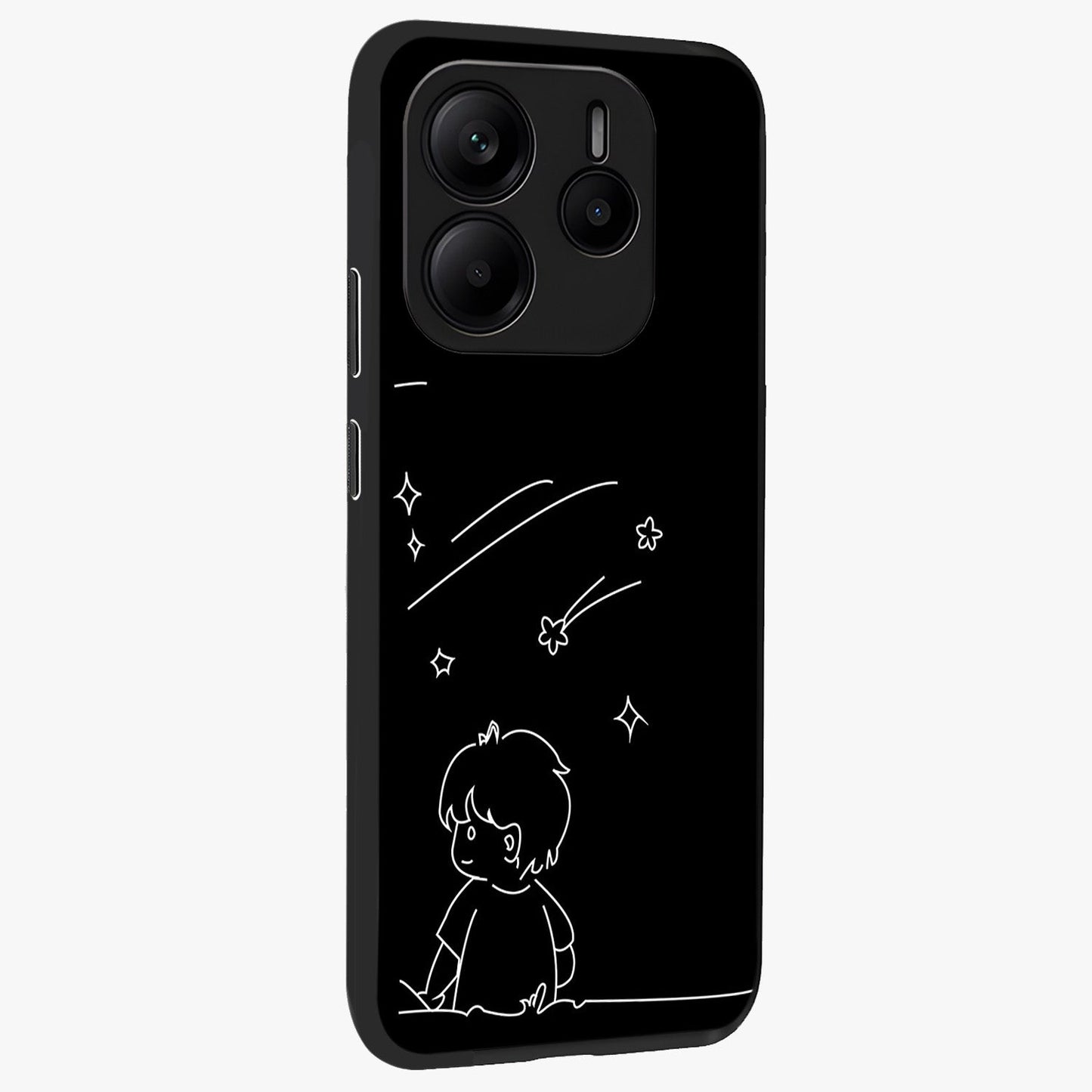Line Art Boy With Shooting Stars Glass Case upright view showcasing artistic shooting star illustration with minimal style.