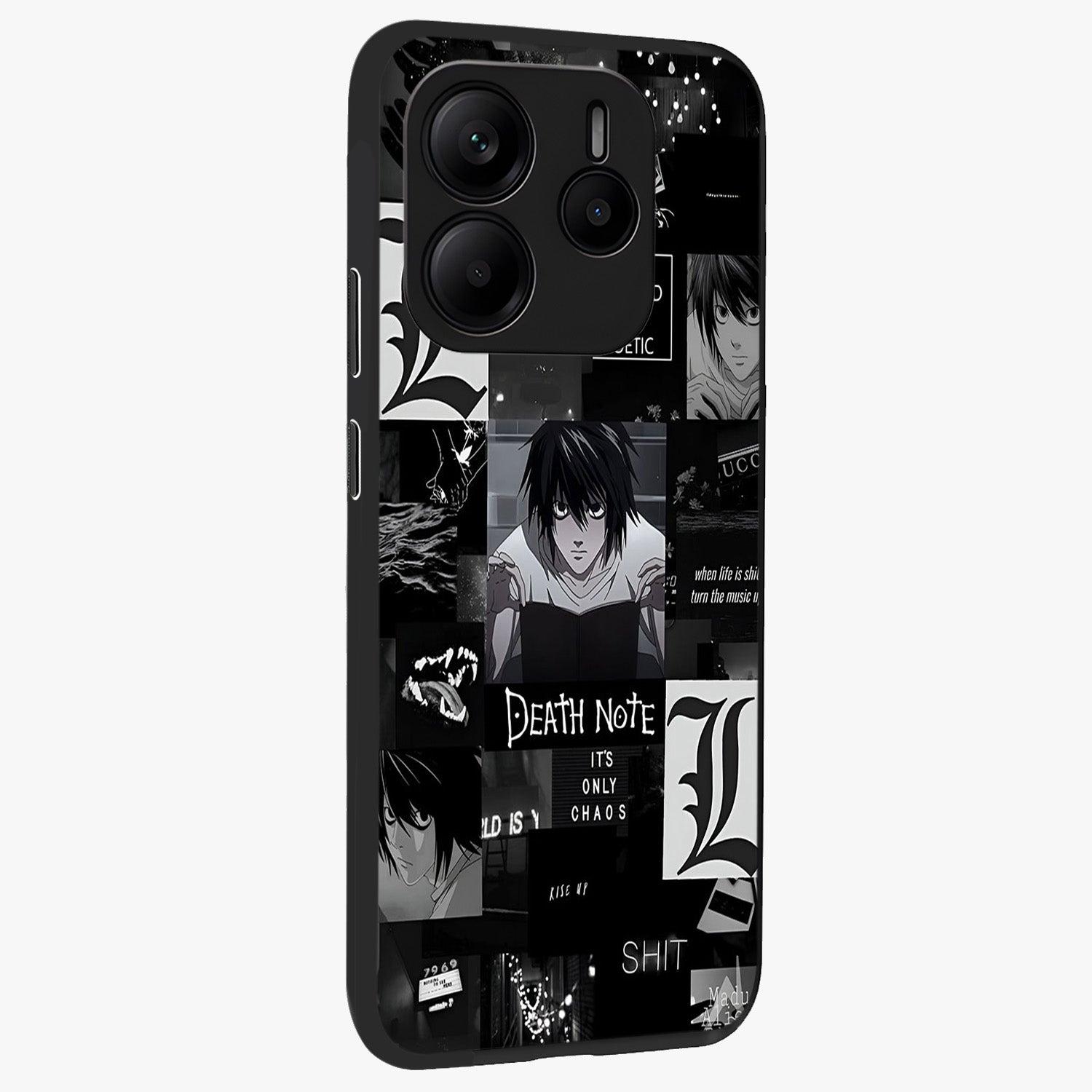 Midnight Chaos Mind Glass Case upright view showcasing expressive abstract artwork with bold dark theme.