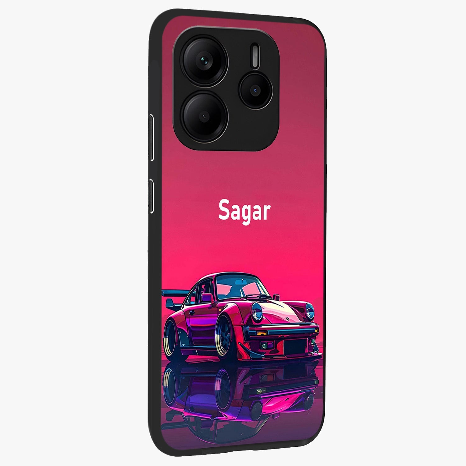 Neon Pink Porsche Glass Case upright view showcasing vibrant sports car artwork with bold automotive theme.