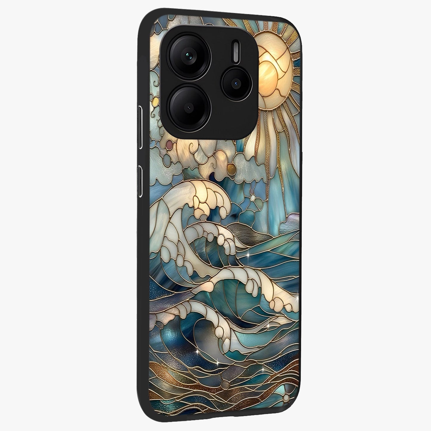 Oceanic Stained Printed Glass Case upright view showcasing decorative ocean pattern artwork with vibrant marine theme.