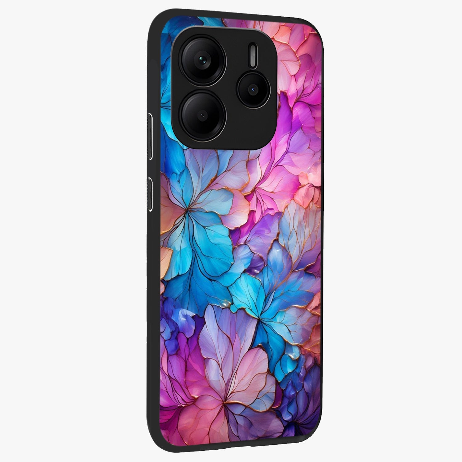 Radiant Floral Whirl Glass Case upright view showcasing lively floral artwork with decorative swirl theme.