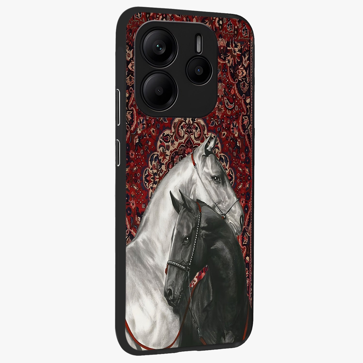 Regal Stallion Tapestry Glass Case upright view showcasing powerful horse artwork with elegant tapestry theme.