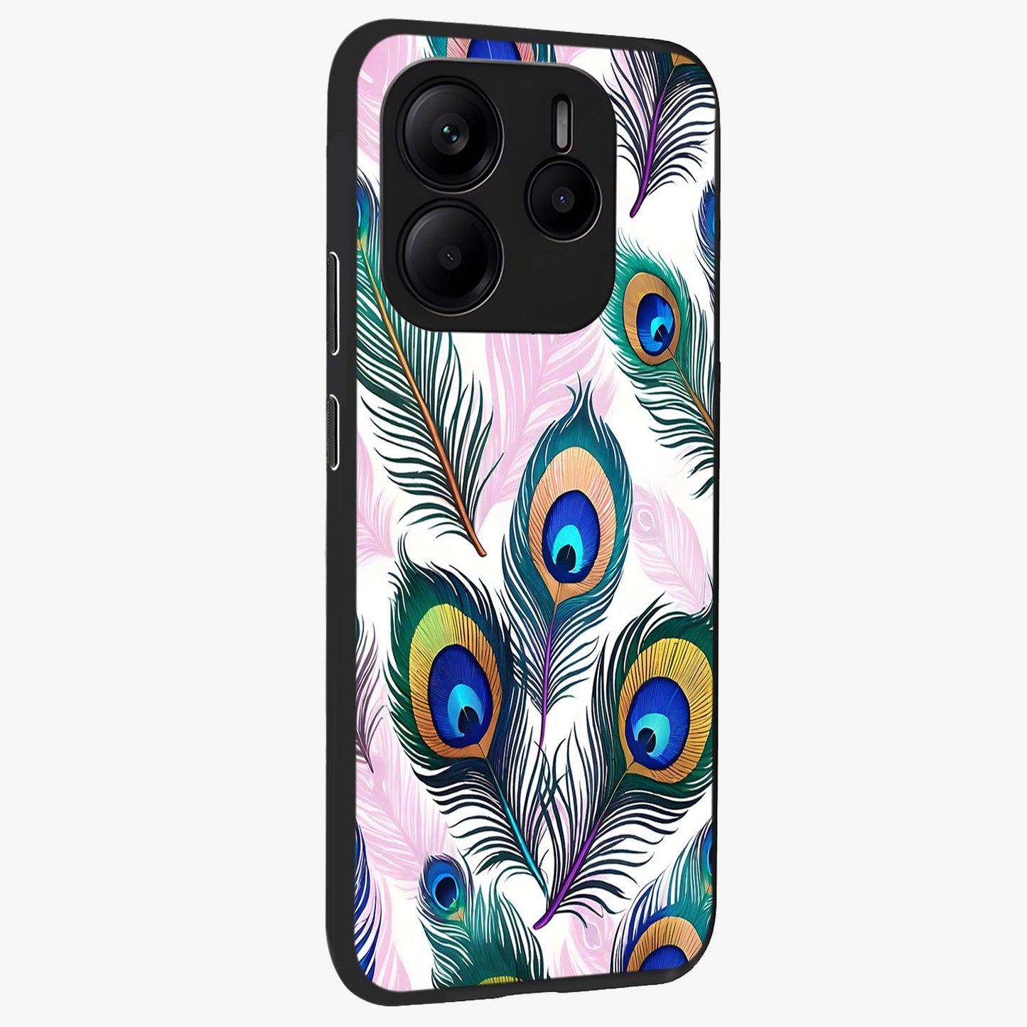 Royal Peacock Feathers Glass Case upright view showcasing elegant peacock feather artwork with decorative royal theme.