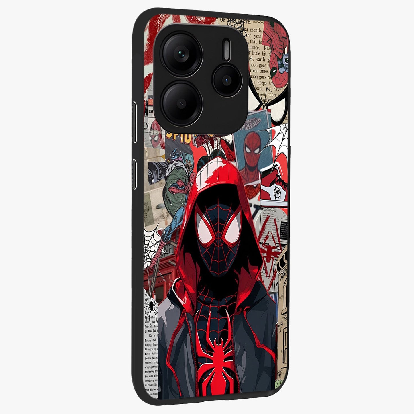 Spider Collage Street Glass Case upright view showcasing bold superhero artwork with urban street theme.