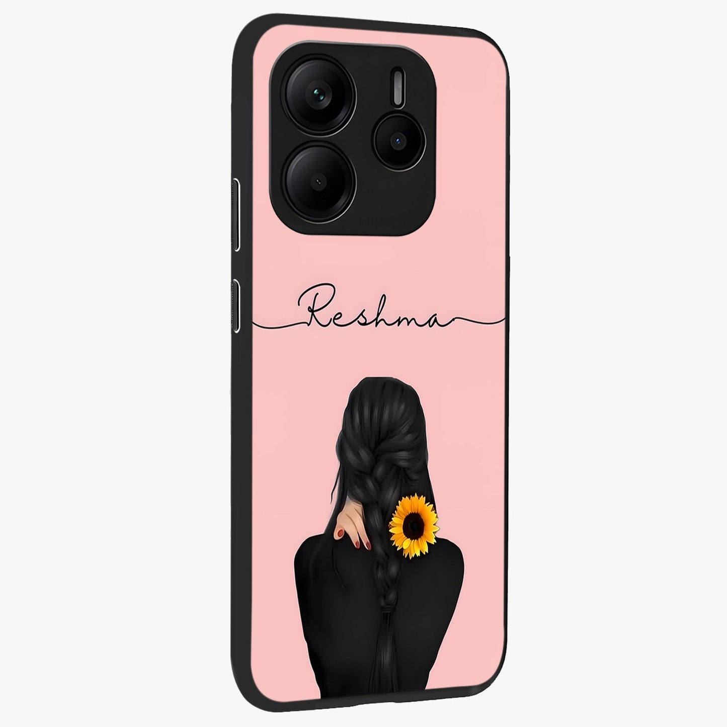 Sunflower Braid Beauty With Custom Name Glass Case upright view showcasing bright sunflower artwork with personalized floral aesthetic.