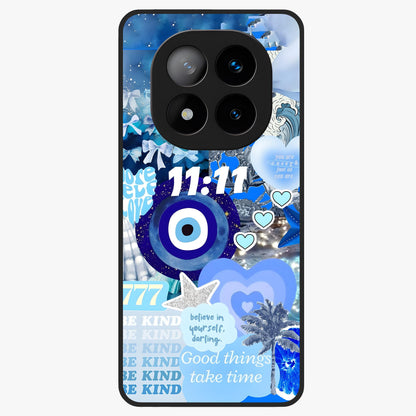 Aesthetic Be Kind Eye Glass Case showing flat back view with motivational eye artwork and glossy glass finish.