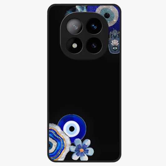 Aesthetic Blue Evil Eye Glass Case showing flat back view with protective evil eye artwork and glossy glass finish.