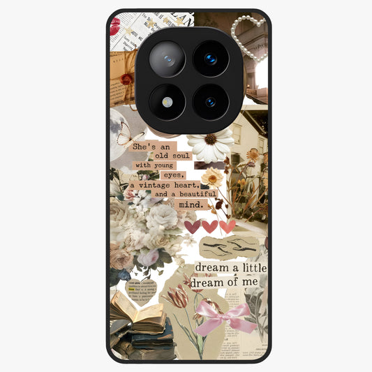 Aesthetic Brown Vintage Collage Glass Case showing flat back view with retro collage artwork and glossy glass finish.