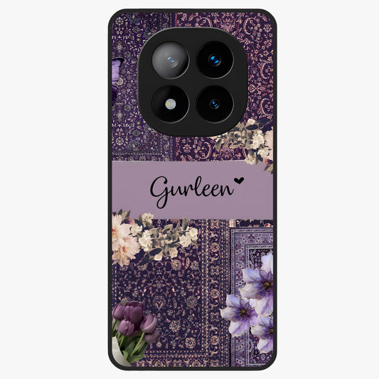 Antique Floral Whisper Custom Name Glass Case showing flat back view with vintage floral artwork and personalized name design.
