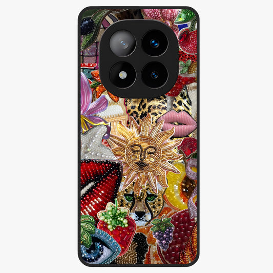 Beaded Fashion Jungle Glass Case showing flat back view with vibrant jungle inspired bead artwork and glossy glass finish.