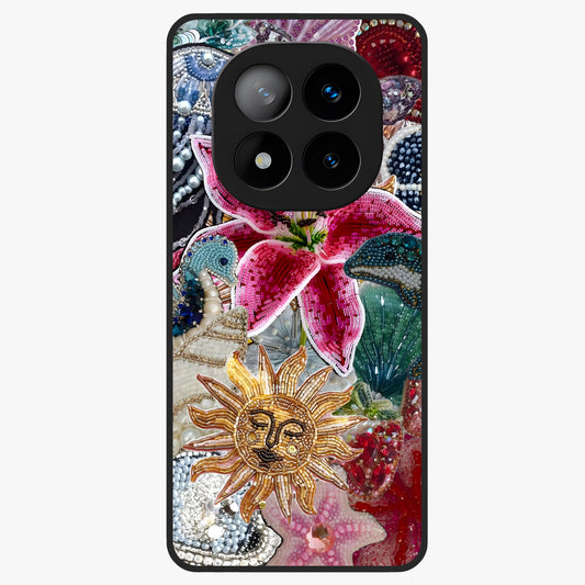 Beaded Garden Fantasy Glass Case showing flat back view with dreamy garden bead artwork and glossy glass finish.