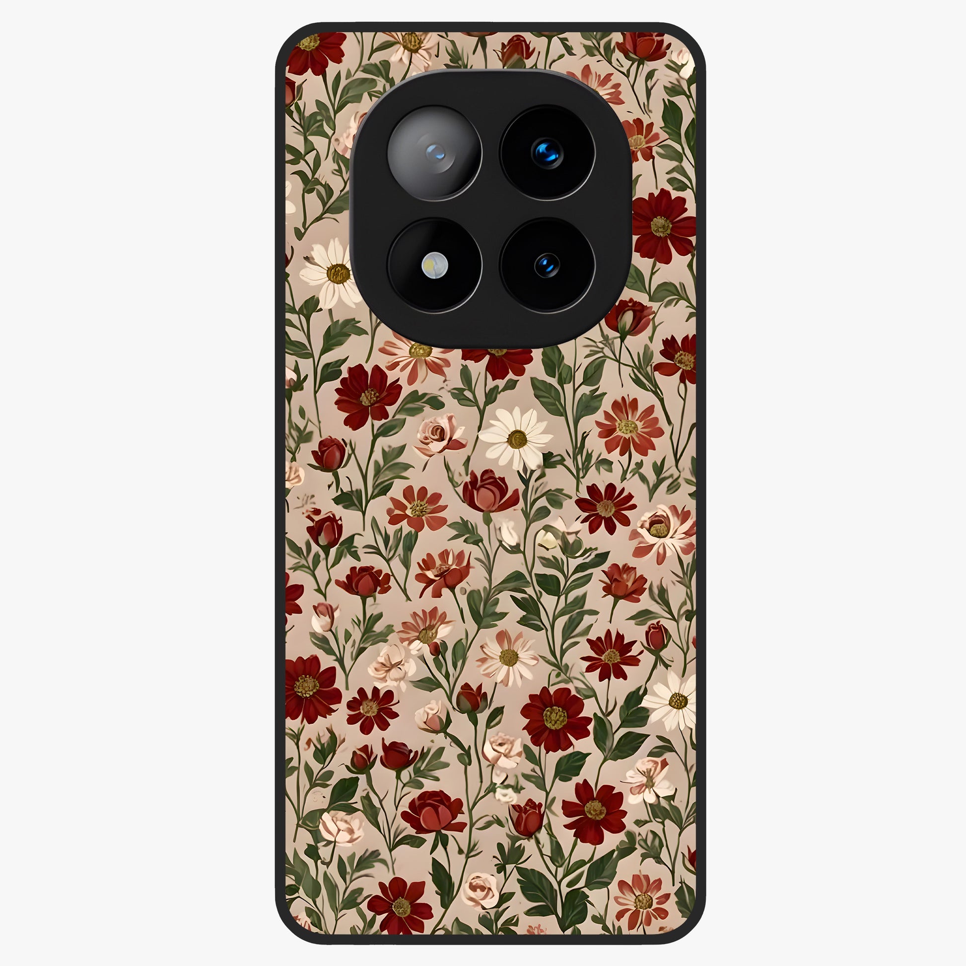 Biege Flower With Leaf Glass Case showing flat back view with soft beige floral artwork and glossy glass finish.