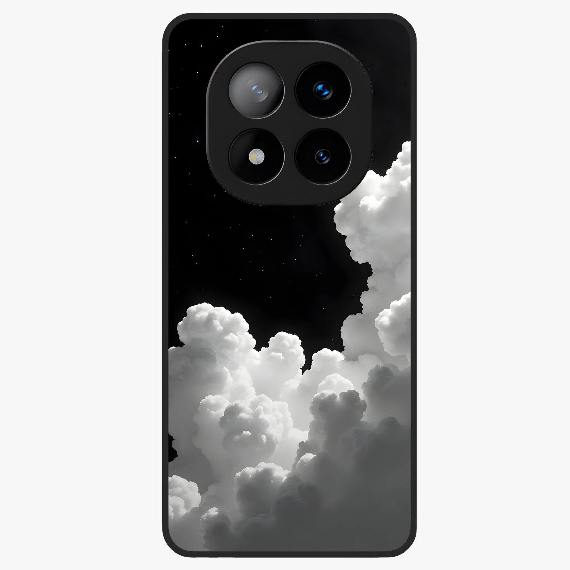 Black Background With White Cloud Glass Case showing flat back view with minimal cloud artwork on dark background and glossy glass finish.
