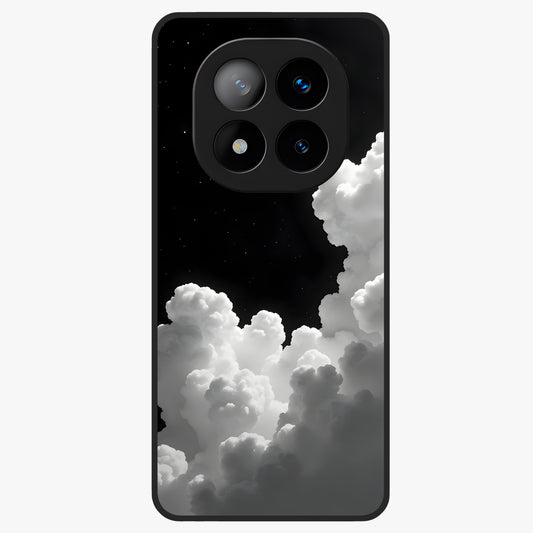 Black Background With White Cloud Glass Case showing flat back view with minimal cloud artwork on dark background and glossy glass finish.