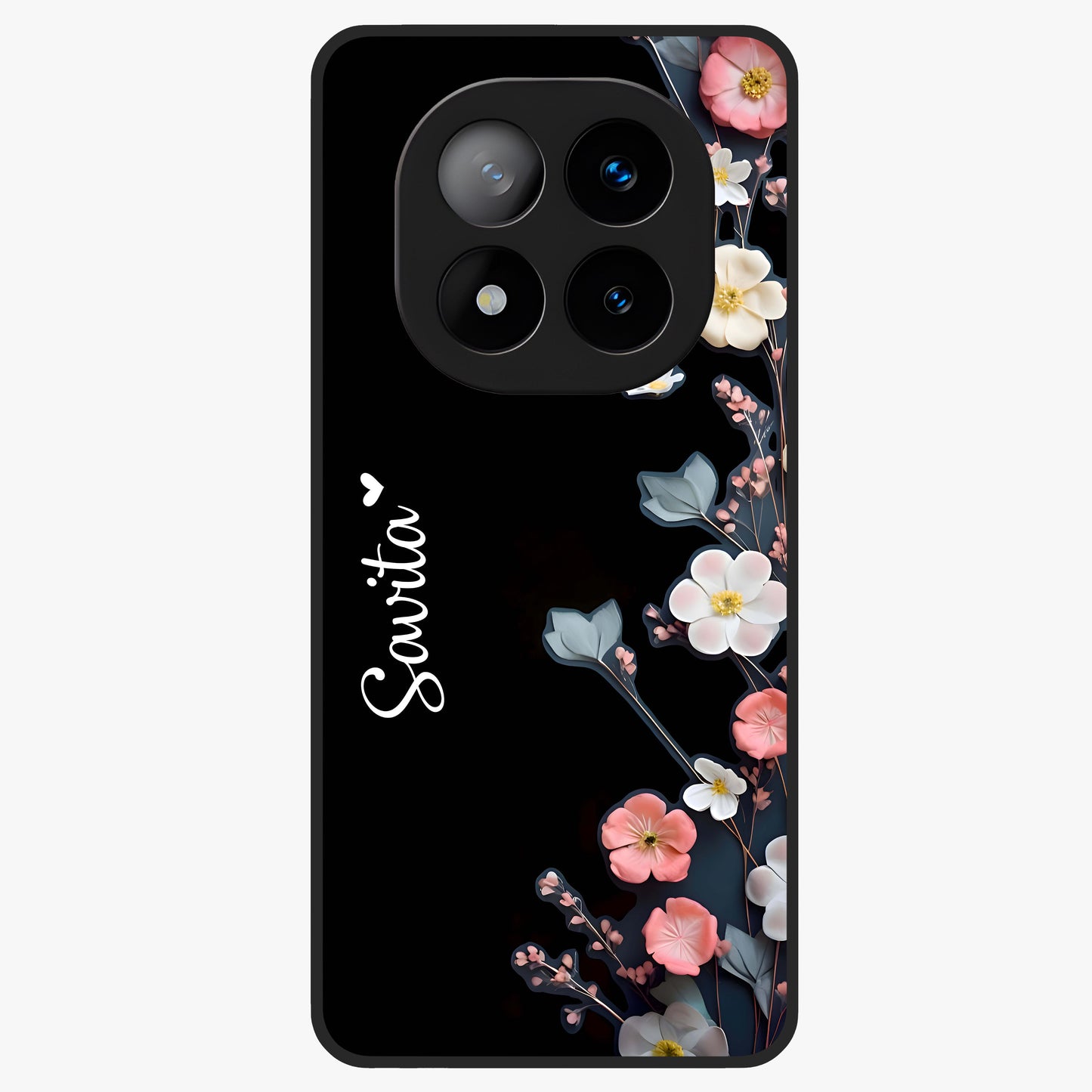 Black Elegance Floral Custom Name Glass Case showing flat back view with elegant floral artwork and personalized name design.