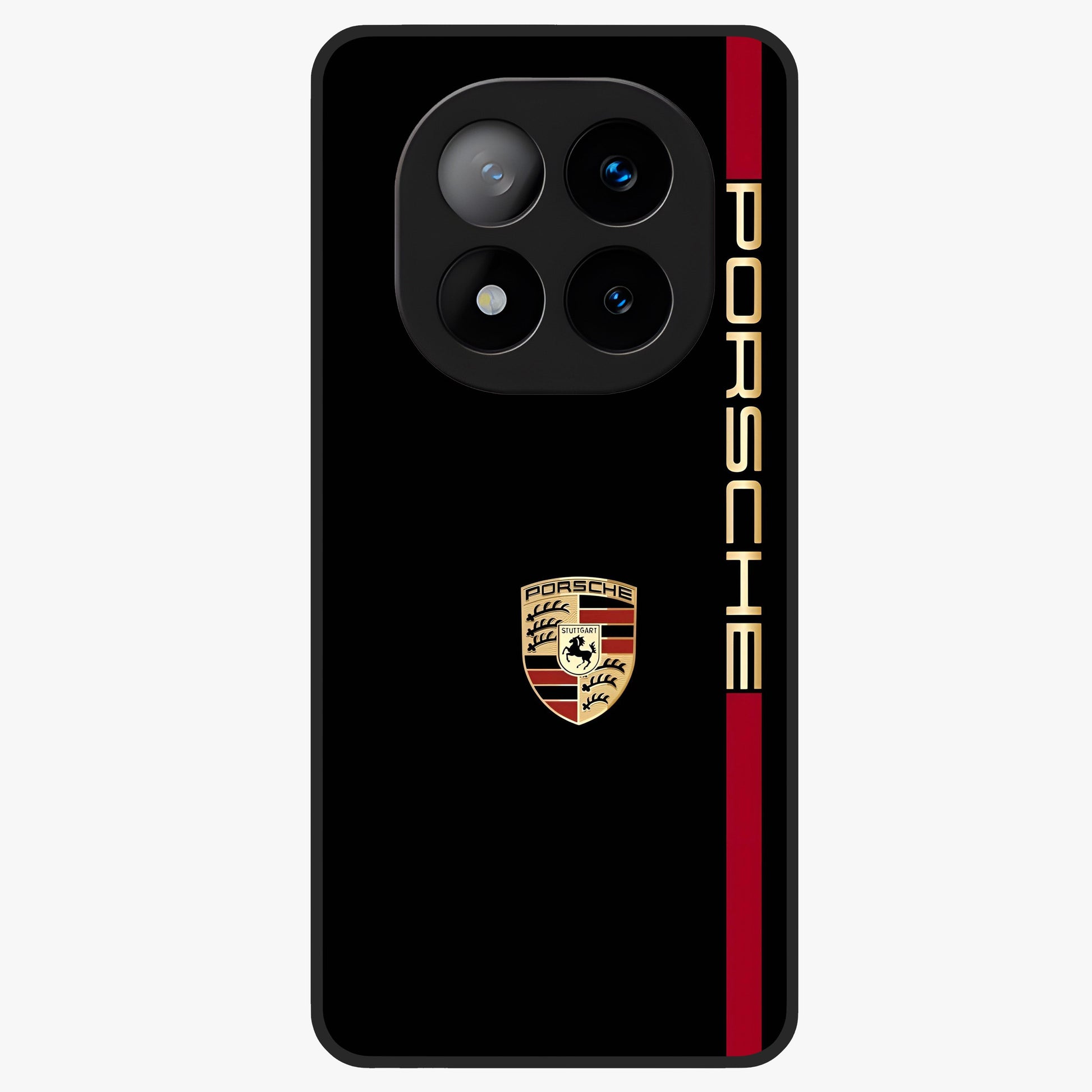 Black Minimal Porsche Glass Case showing flat back view with sleek minimal sports car artwork and glossy glass finish.