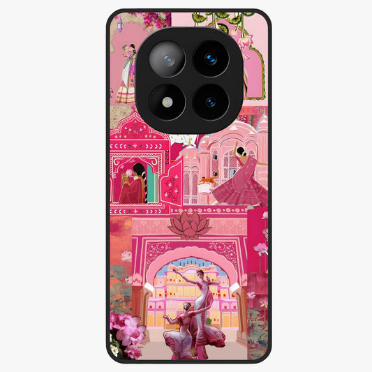 Blossoms of Rajasthan Glass Case showing flat back view with traditional floral artwork inspired by Rajasthan and glossy glass finish.