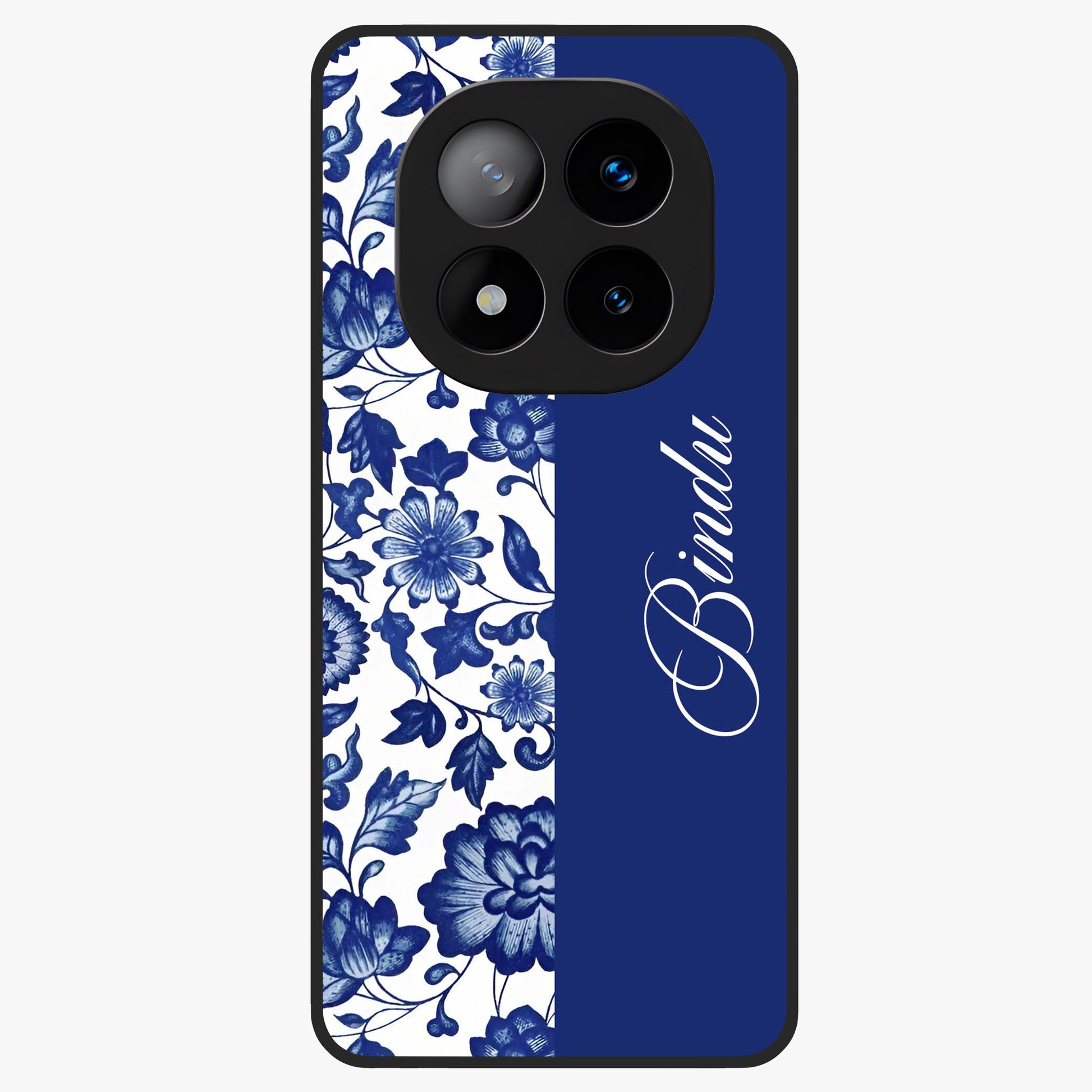 Blue Vintage Floral Pattern Glass Case upright view showcasing timeless floral illustration with vintage inspired style.