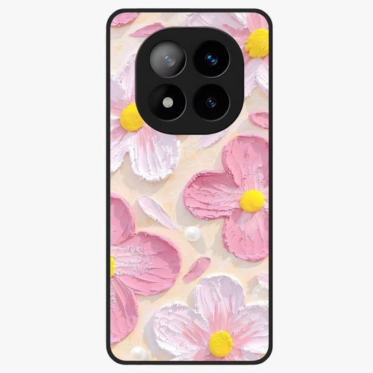 Blush Bloom Texture Glass Case showing flat back view with soft blush floral texture artwork and glossy glass finish.