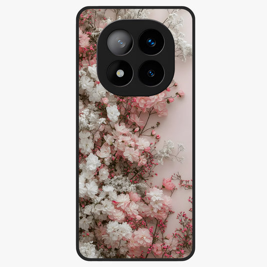 Blush Blossom Cloud Glass Case showing flat back view with dreamy blush cloud blossom artwork and glossy glass finish.