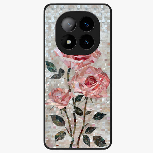 Blush Mosaic Bloom Glass Case showing flat back view with mosaic floral bloom artwork and glossy glass finish.