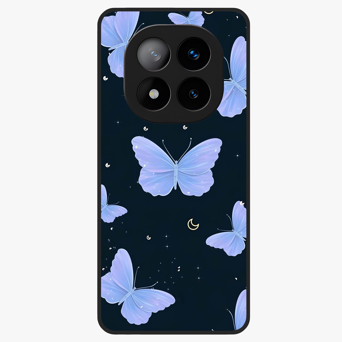 Butterfly With Stars Pattern Glass Case showing flat back view with butterfly and star pattern artwork and glossy glass finish.