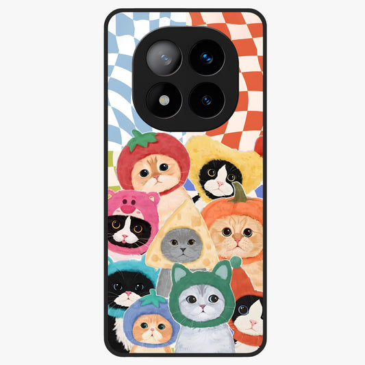 Cats in Fruits Glass Case showing flat back view with playful cat illustrations inside fruit artwork and glossy glass finish.