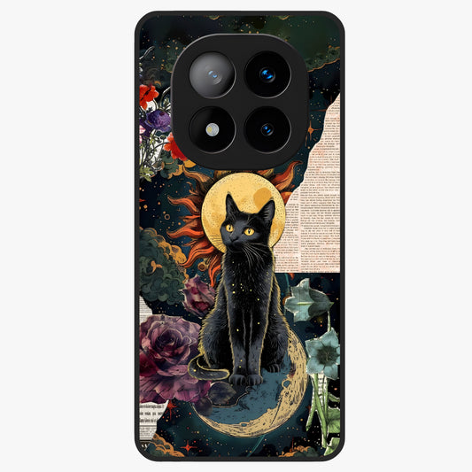 Celestial Black Cat Glass Case showing flat back view with mystical black cat artwork and glossy glass finish.