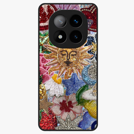 Celestial Floral and Playful Glass Case showing flat back view with floral and celestial themed artwork and glossy glass finish.