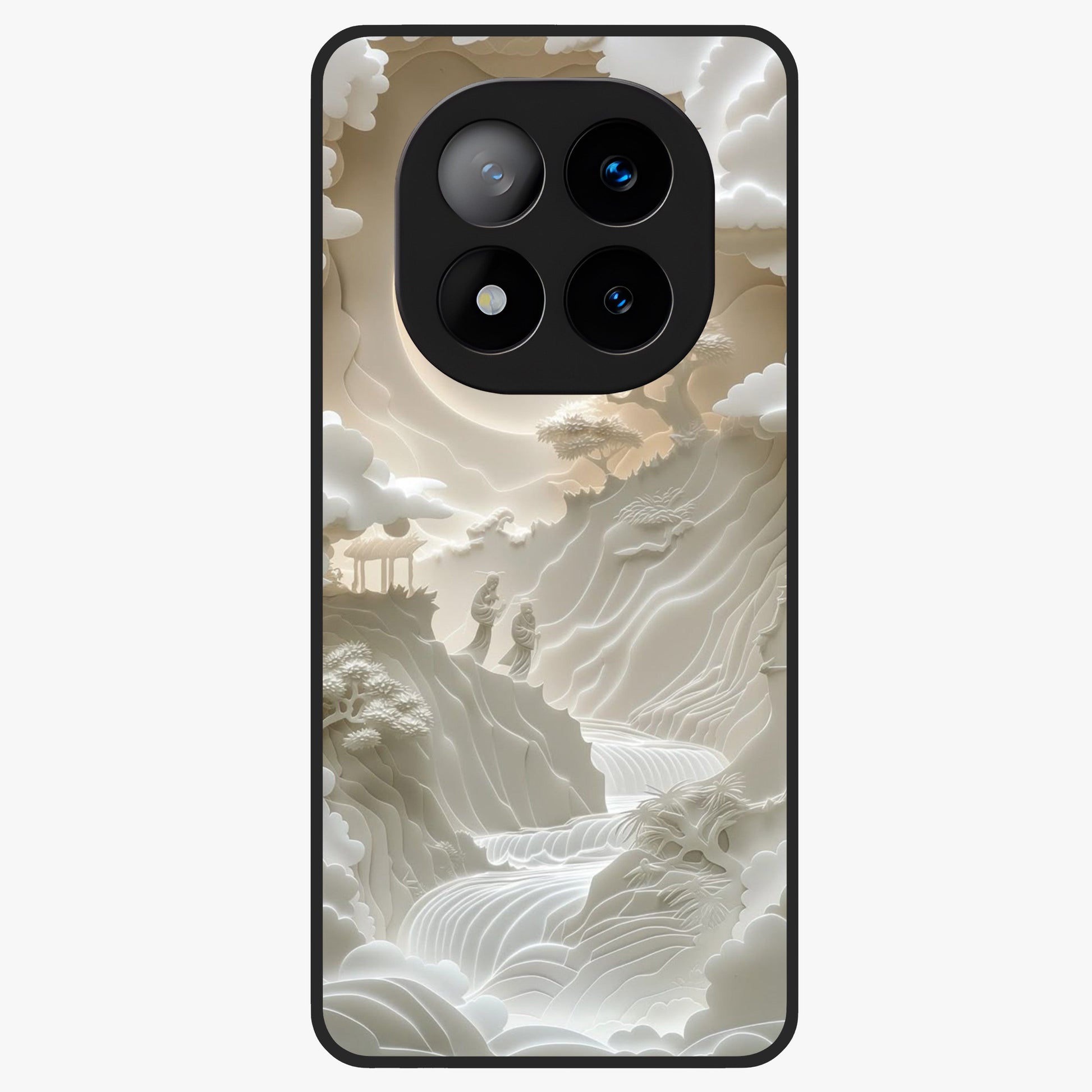 Celestial Origami Glass Case showing flat back view with artistic origami inspired celestial artwork and glossy glass finish.
