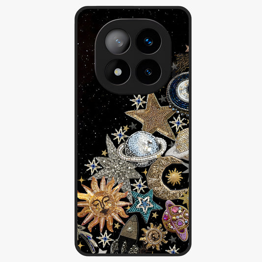 Cosmic Sparkle Dreams Glass Case showing flat back view with sparkling cosmic artwork and glossy glass finish.