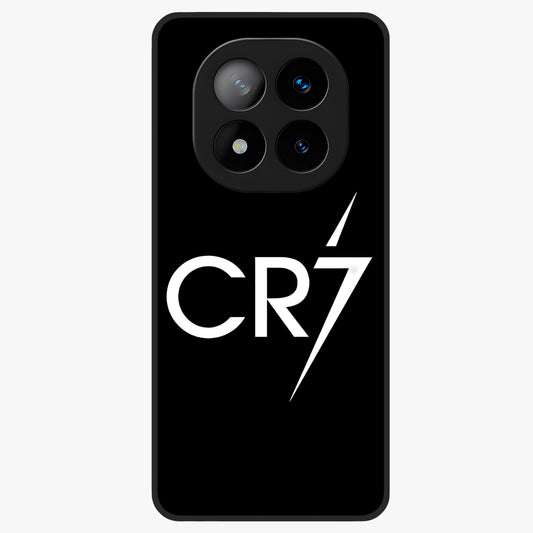 Cr7 Elite Strike Glass Case showing flat back view with dynamic football inspired artwork and glossy glass finish.