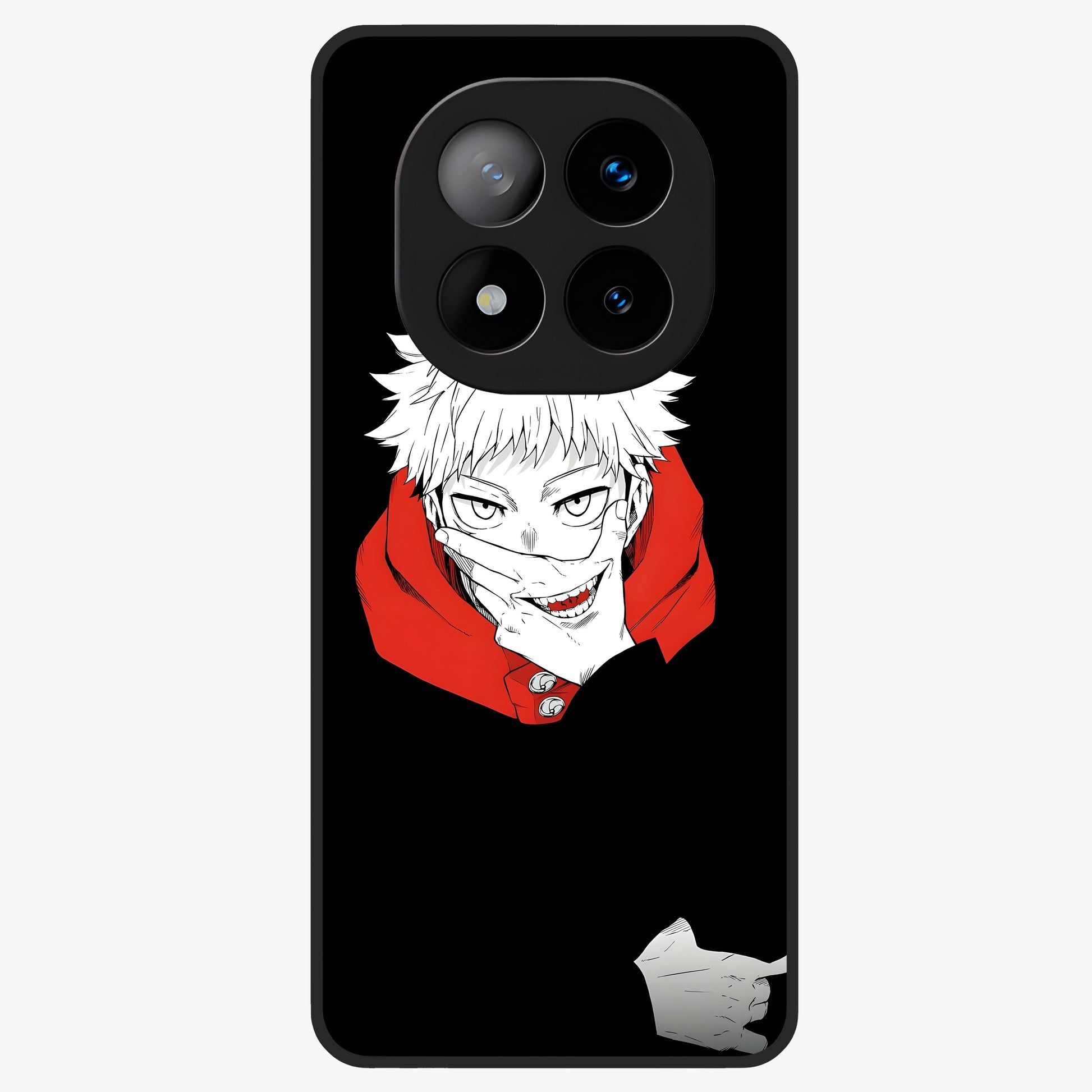 Crimson Chaos Smile Glass Case showing flat back view with bold chaotic smile artwork and glossy glass finish.