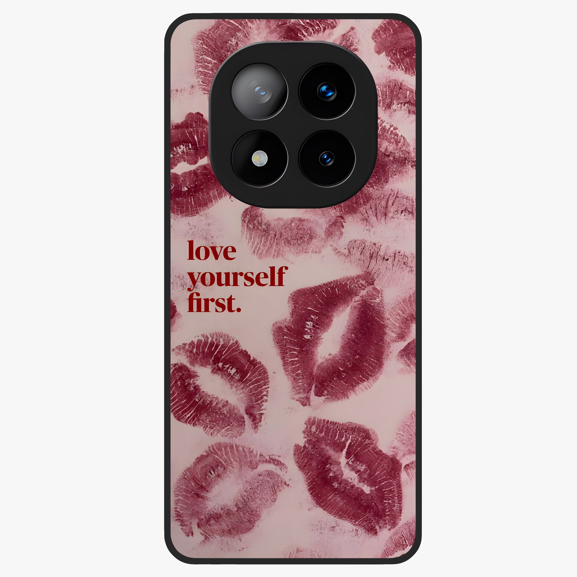 Crimson Kiss Love Glass Case showing flat back view with romantic crimson themed artwork and glossy glass finish.
