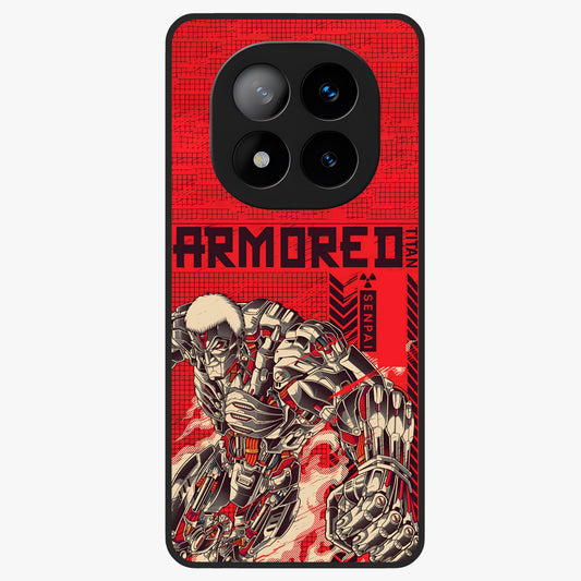 Crimson Mecha Titan Glass Case showing flat back view with powerful mech titan artwork and glossy glass finish.
