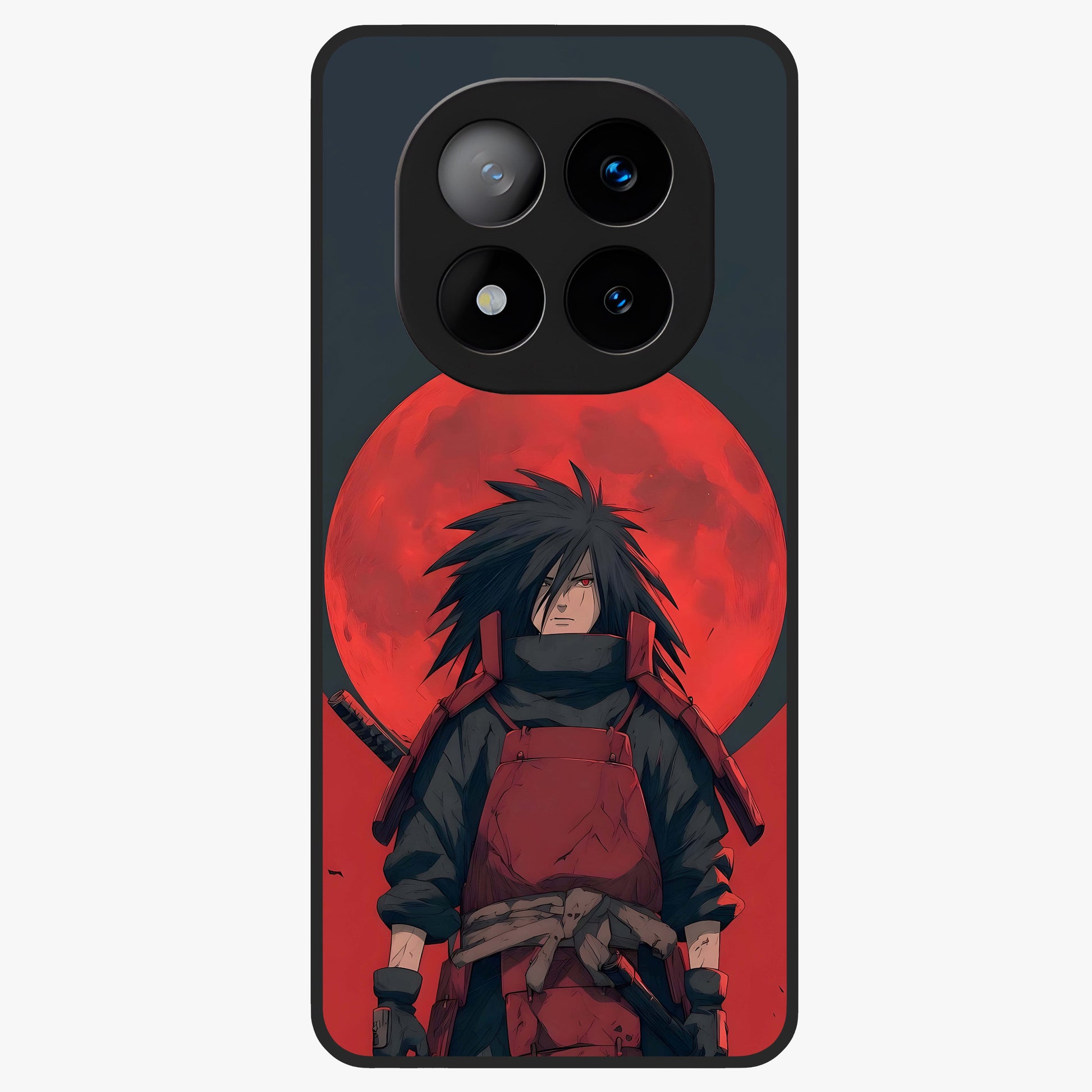 Crimson Moon Warlord Glass Case showing flat back view with mystical moon warrior artwork and glossy glass finish.