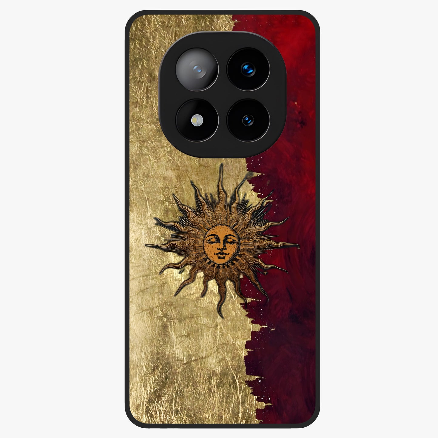 Crimson Sun Majesty Glass Case showing flat back view with radiant sun inspired artwork and glossy glass finish.