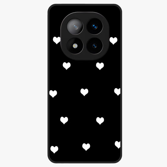 Cute And Simple White Hearts Glass Case showing flat back view with minimal white heart pattern and glossy glass finish.