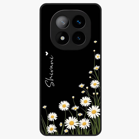 Daisy Cascade Custom Name Glass Case showing flat back view with cascading daisy flowers and personalized name design.