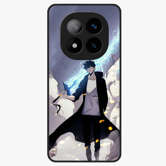 Dark Lightning Anime Warrior Glass Case showing flat back view with intense anime warrior artwork and glossy glass finish.