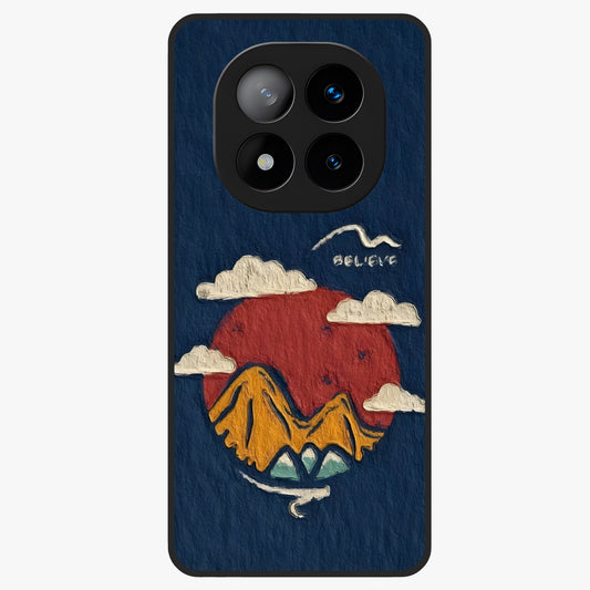 Dream Beyond Mountains Glass Case showing flat back view with scenic mountain landscape artwork and glossy glass finish.