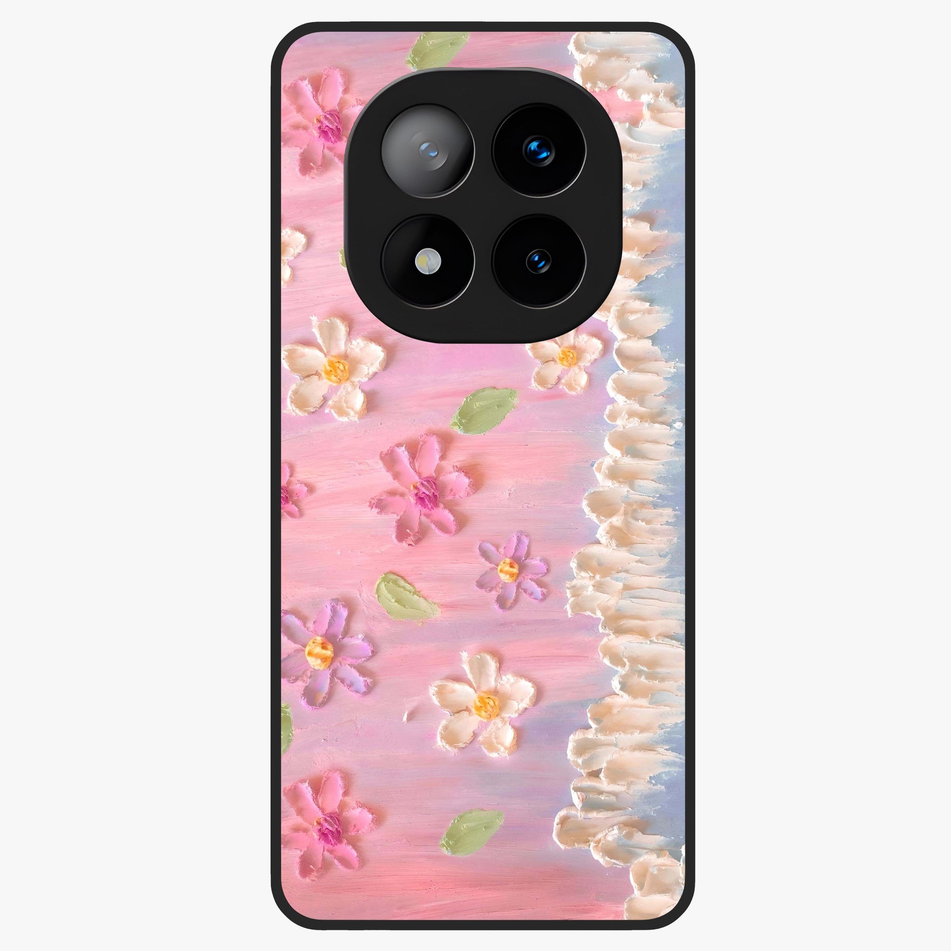 Dreamy Painted Garden Glass Case showing flat back view with artistic painted floral garden artwork and glossy glass finish.