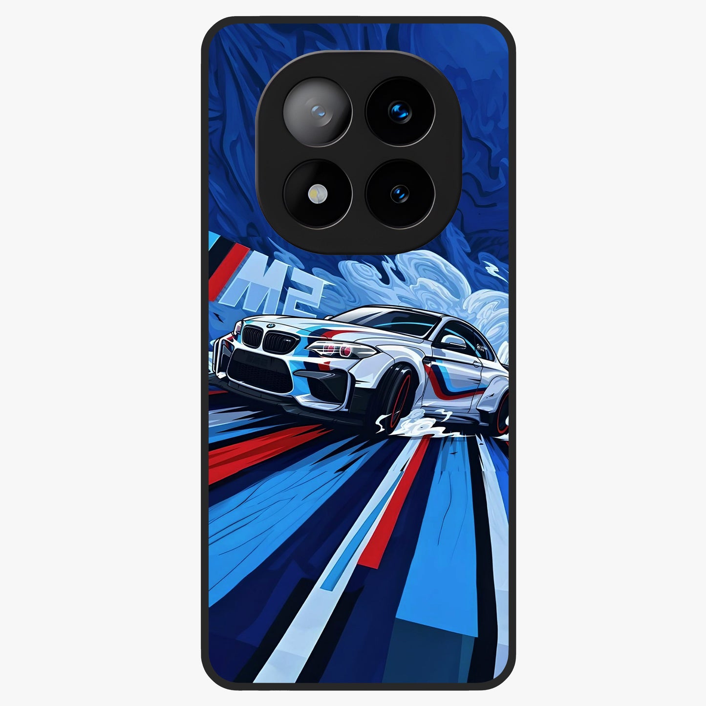 Drift Power Rush Glass Case showing flat back view with dynamic racing inspired artwork and glossy glass finish.