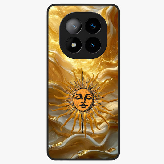 Eternal Golden Glow Glass Case showing flat back view with radiant golden themed artwork and glossy glass finish.