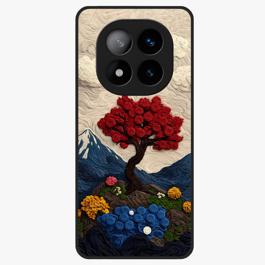 Eternal Nature Tapestry Glass Case showing flat back view with intricate nature tapestry artwork and glossy glass finish.