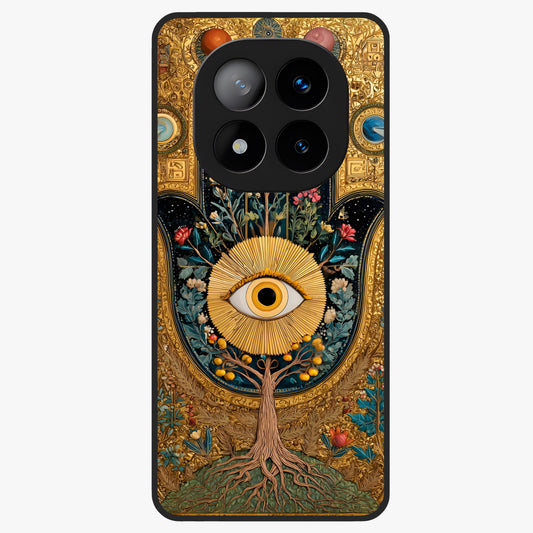 Ethereal Evil Eye Glass Case showing flat back view with mystical evil eye artwork and glossy glass finish.