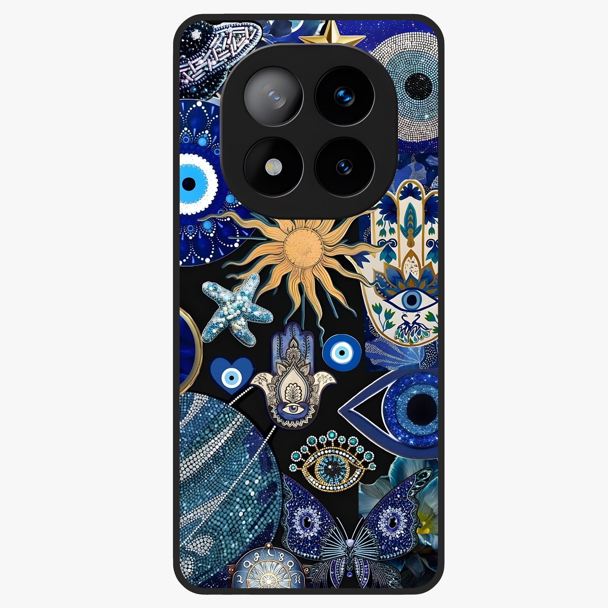 Evil Eye Charm Mix Glass Case showing flat back view with multiple evil eye charms artwork and glossy glass finish.